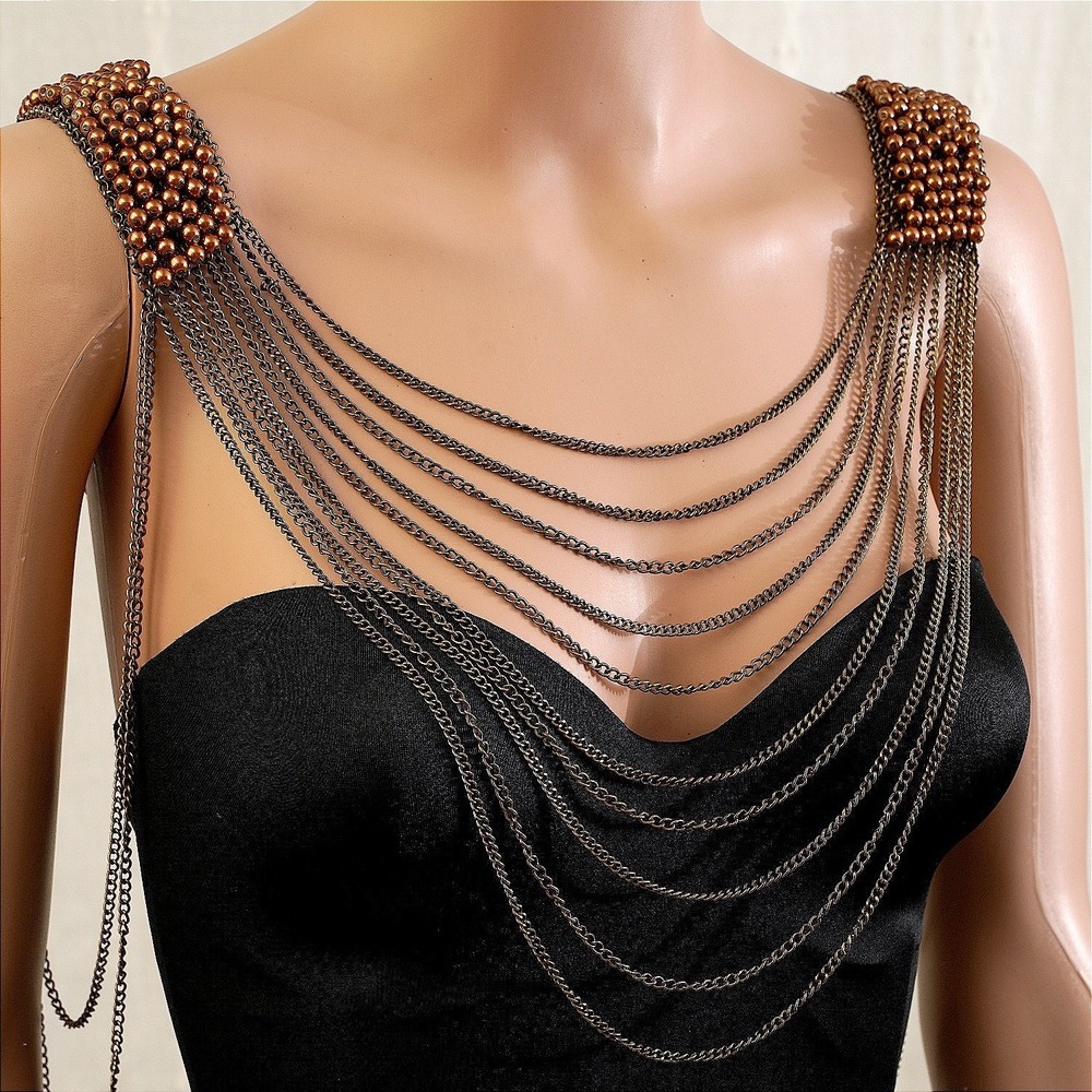 Statement Shoulder Necklace Bib Chains Draped Beads Bronze Tone